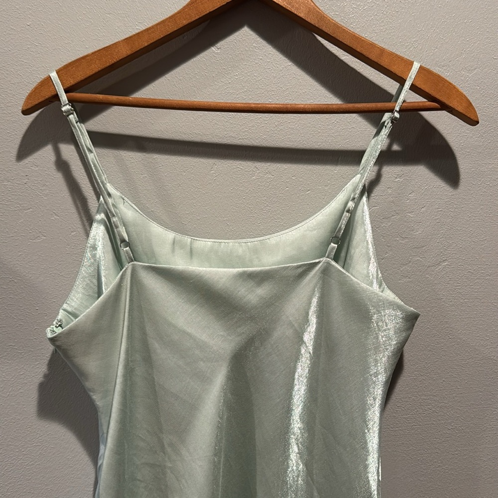 Forever 21 Seafoam Green Blue Satin Shimmer Mini Slip Dress Zip Side Flowy Hem - Picture 6 of 8
